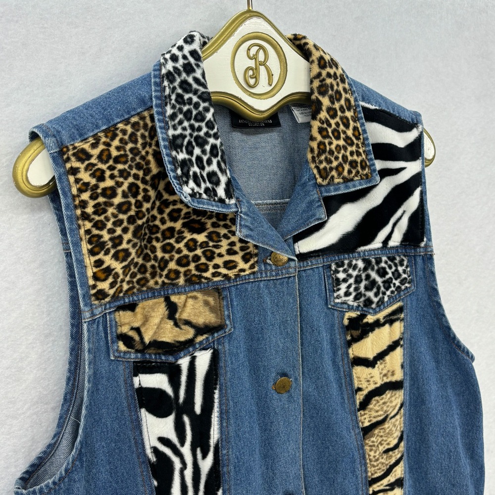 Vintage Animal Print Denim Vest Women XL Blue Faux Fur Patchwork Mob Wife Retro